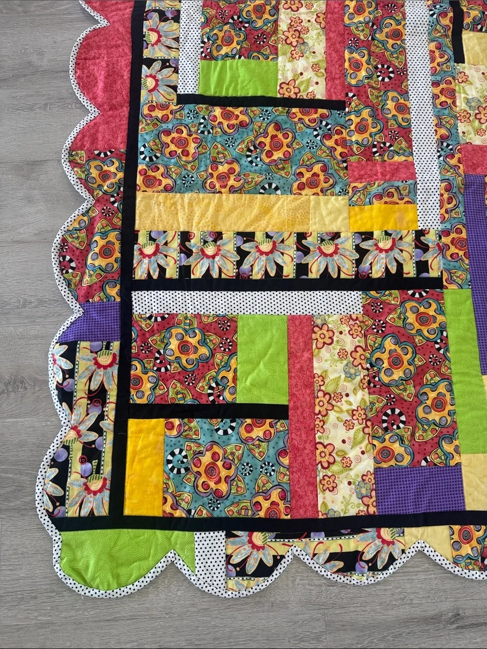 Handmade Patchwork Floral Quilt Size 43x52 inches Bright Colorful Polka Dots